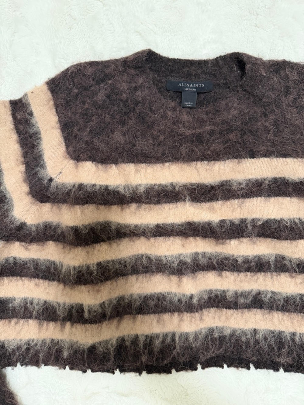 AllSaints Alpaca and Wool Blend Striped Crop Sweater in Brown & Beige